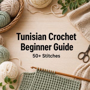 Op de afbeelding: Een houten tafel toont een lopend Tunesisch haakproject, met een houten haaknaald en groen garen. De tekst "Tunisian Crochet Beginner Guide 50+ Stitches" is prominent aanwezig. Bollen garen in verschillende neutrale kleuren en een mand zijn ook zichtbaar.