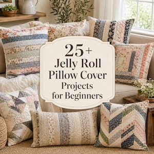 Könnte beinhalten: Eine Sammlung von gesteppten Zierkissen mit verschiedenen Blumen- und Streifenmustern in sanften Farben. Der zentrale Text lautet 25+ Jelly Roll Pillow Cover Projects for Beginners. Die Kissen sind auf einem Sofa in einem Wohnbereich angeordnet.