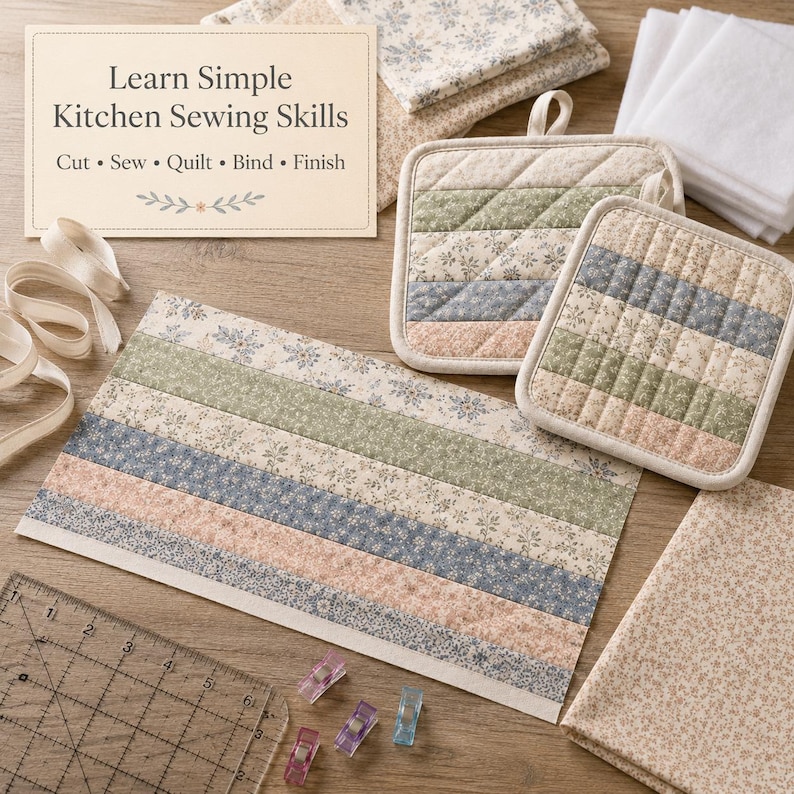 May include: A sewing project kit featuring a rectangular instructional card with the text Learn Simple Kitchen Sewing Skills, two quilted potholders, a striped fabric mat, fabric swatches, white ribbon, and a clear plastic ruler with clips.