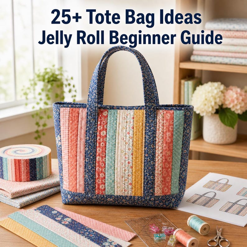 May include: A quilted tote bag with vertical stripes in various colors, including pink, yellow, and blue. The bag has a floral patterned trim and handles. The image also features fabric rolls, sewing supplies, and the text "25+ Tote Bag Ideas Jelly Roll Beginner Guide."