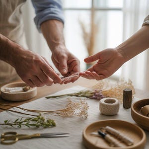 Puede incluir: Una escena artesanal con dos personas trabajando en un proyecto. La escena incluye cuencos de madera, flores secas, hilo y tijeras. Una persona sostiene un objeto pequeño, posiblemente un trozo de flor seca, y se lo pasa a otra persona.
