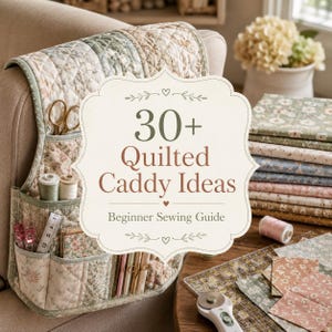 May include: A quilted fabric caddy with multiple pockets containing sewing supplies, including scissors, thread spools, and a measuring tape. The caddy features a floral pattern and is draped over a chair. Text reads 30+ Quilted Caddy Ideas Beginner Sewing Guide.