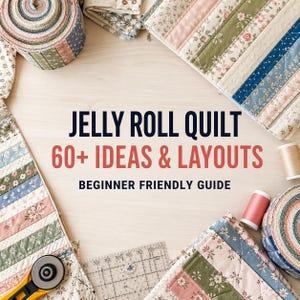 Può includere: Immagine dall'alto con materiali per trapuntatura e blocchi di trapunte finiti. Il testo recita "Jelly Roll Quilt 60+ Ideas & Layouts Beginner Friendly Guide." Sono visibili anche rotoli di tessuto, rocchetti di filo e un taglierino rotante.