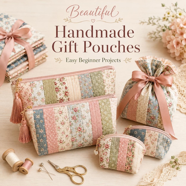 Puede incluir: Una colecci&oacute;n de bolsas de tela acolchada de varios tama&ntilde;os con rayas verticales de patrones florales y tonos pastel s&oacute;lidos. Las bolsas incluyen estilos rectangulares y de cord&oacute;n con detalles de cinta rosa, cremalleras doradas y borlas rosas a juego.