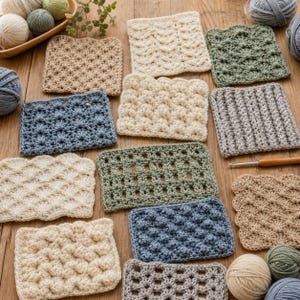 Puede incluir: Una colecci&oacute;n de muestras de ganchillo en varios colores y patrones de puntadas. Las muestras son en tonos beige, azul, verde y gris. Tambi&eacute;n se ven ovillos de lana y un ganchillo, lo que sugiere un tema artesanal.