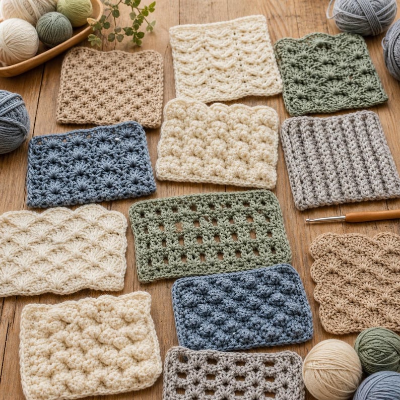 Puede incluir: Una colecci&oacute;n de muestras de ganchillo en varios colores y patrones de puntadas. Las muestras son en tonos beige, azul, verde y gris. Tambi&eacute;n se ven ovillos de lana y un ganchillo, lo que sugiere un tema artesanal.