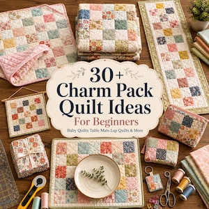 Può includere: Una collezione di articoli trapuntati con motivi patchwork floreali e geometrici in tonalità pastello e tenui, tra cui trapunte, tovagliette e pochette con cerniera, insieme ad accessori da cucito come taglierina rotante, forbici e rocchetti.