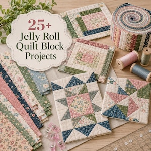May include: A collection of floral fabric strips in a jelly roll, two square log cabin quilt blocks, two star-patterned quilt blocks, and two spools of thread. A label reads 25+ Jelly Roll Quilt Block Projects. Includes clear plastic clips.