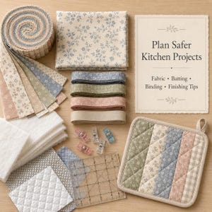 May include: A quilting kit featuring a fabric jelly roll, a folded floral fabric square, four rolls of binding, white batting, a square quilted potholder, clear sewing clips, a square ruler, and a card labeled Plan Safer Kitchen Projects.