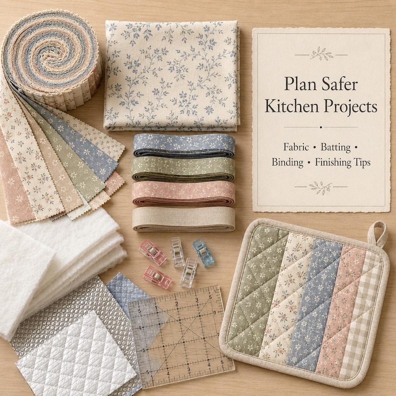 May include: A quilting kit featuring a fabric jelly roll, a folded floral fabric square, four rolls of binding, white batting, a square quilted potholder, clear sewing clips, a square ruler, and a card labeled Plan Safer Kitchen Projects.