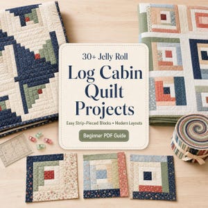 Puede incluir: Una guía digital titulada 30+ Jelly Roll Log Cabin Quilt Projects con Easy Strip-Pieced Blocks y Modern Layouts, rodeada de dos edredones, tres bloques de edredón pequeños, una regla de plástico transparente y un rollo de tela.