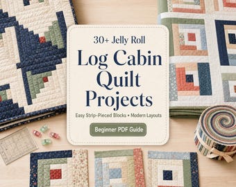 30+ Jelly Roll Log Cabin Quilt Projects -  Easy Strip-Pieced Blocks, Modern Layouts & Beginner PDF Guide