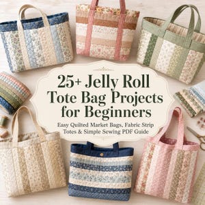 Pode incluir: Seis sacolas acolchoadas feitas de tiras de tecido em vários padrões florais e sólidos, dispostas em torno de uma placa central que diz 25+ Jelly Roll Tote Bag Projects for Beginners, Easy Quilted Market Bags, Fabric Strip Totes & Simple Sewing PDF Guide.