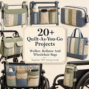Op de afbeelding: Een collectie gewatteerde stoffen tassen voor rollators en rolstoelen, met bloemen- en strepenpatronen in blauw, groen en crème. De centrale tekst luidt 20+ Quilt-As-You-Go Projects, Walker, Rollator And Wheelchair Bags.