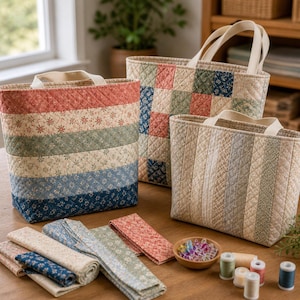 May include: Three quilted fabric tote bags in various sizes and patterns, with matching fabric strips and sewing notions. The bags feature floral and geometric designs in shades of red, blue, green, and cream. The bags have sturdy handles.