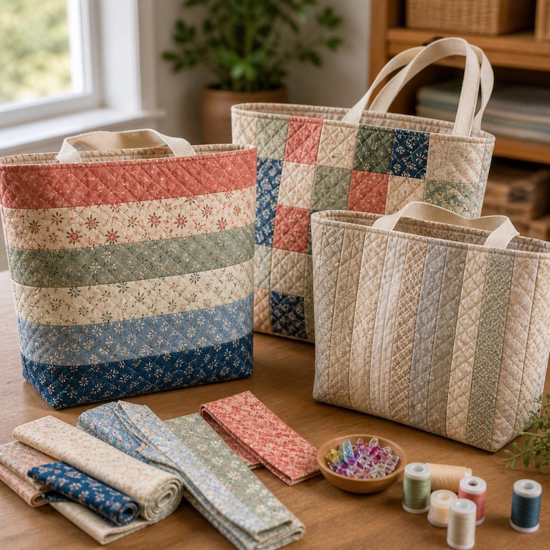 May include: Three quilted fabric tote bags in various sizes and patterns, with matching fabric strips and sewing notions. The bags feature floral and geometric designs in shades of red, blue, green, and cream. The bags have sturdy handles.