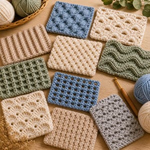 Puede incluir: Una colecci&oacute;n de cuadrados de ganchillo coloridos y hechos a mano en varias texturas y patrones de puntadas. Los cuadrados son en tonos de azul, beige, verde y gris. Tambi&eacute;n se ven un ganchillo y ovillos de lana, lo que sugiere un tema artesanal.