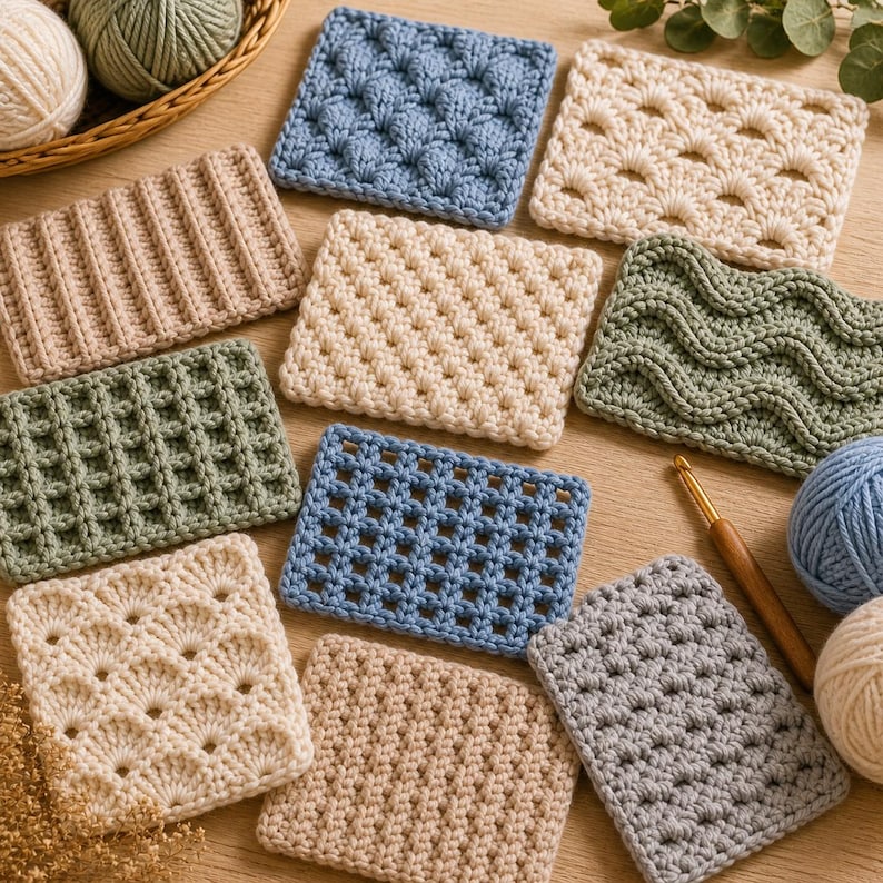 Puede incluir: Una colecci&oacute;n de cuadrados de ganchillo coloridos y hechos a mano en varias texturas y patrones de puntadas. Los cuadrados son en tonos de azul, beige, verde y gris. Tambi&eacute;n se ven un ganchillo y ovillos de lana, lo que sugiere un tema artesanal.