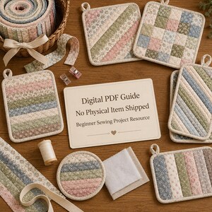 May include: A collection of quilted fabric potholders in floral patterns, a basket with fabric rolls, a spool of thread, and a sign reading Digital PDF Guide No Physical Item Shipped Beginner Sewing Project Resource with a heart icon.