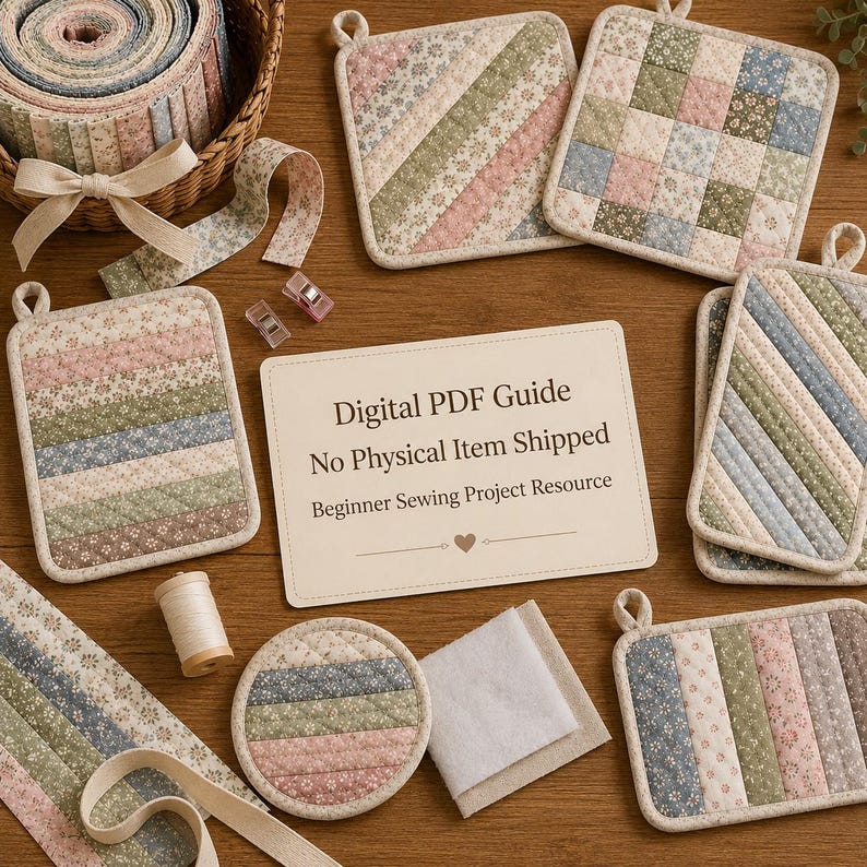 May include: A collection of quilted fabric potholders in floral patterns, a basket with fabric rolls, a spool of thread, and a sign reading Digital PDF Guide No Physical Item Shipped Beginner Sewing Project Resource with a heart icon.