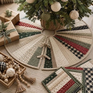May include: A circular quilted tree skirt featuring a patchwork design of alternating fabric strips in shades of forest green, deep red, cream, and tan. The fabric patterns include small floral prints, gingham checks, and solid textures with tie closures.