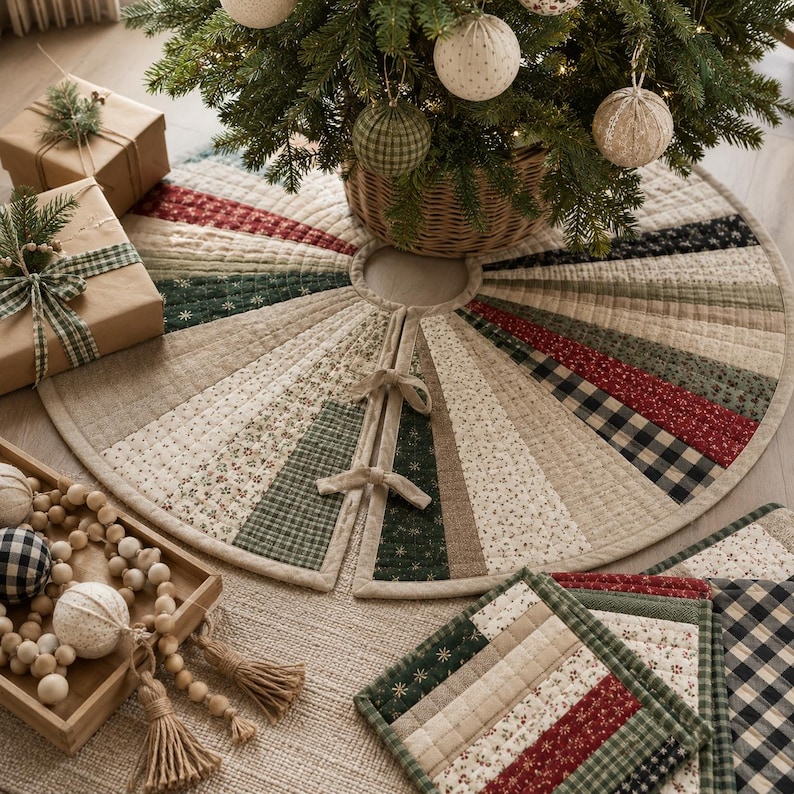 May include: A circular quilted tree skirt featuring a patchwork design of alternating fabric strips in shades of forest green, deep red, cream, and tan. The fabric patterns include small floral prints, gingham checks, and solid textures with tie closures.