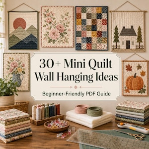 Op de afbeelding: Een display van mini quilt wandkleden met diverse ontwerpen, waaronder bloemen-, landschaps- en geometrische patronen. De afbeelding toont ook naaimaterialen zoals garenklosjes, stof en een rolmes. Tekst luidt "30+ Mini Quilt Wall Hanging Ideas".
