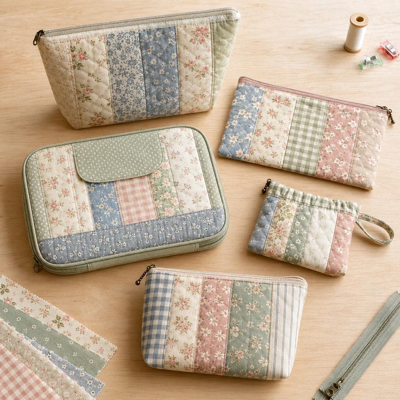 Puede incluir: Una colecci&oacute;n de cinco estuches y bolsas de tela acolchada con dise&ntilde;os de patchwork en tonos pastel suaves, incluyendo estampados florales, de cuadros vichy y de rayas. El conjunto incluye varias bolsas de almacenamiento con cremallera.