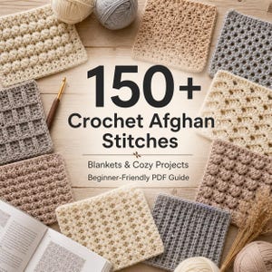 Puede incluir: Una variedad de muestras de puntadas afganas de ganchillo en varios colores neutros, dispuestas alrededor del texto "150+ Crochet Afghan Stitches". La imagen incluye ovillos de lana, un ganchillo y un libro, con el texto "Blankets & Cozy Projects" y "Beginner-Friendly PDF Guide."
