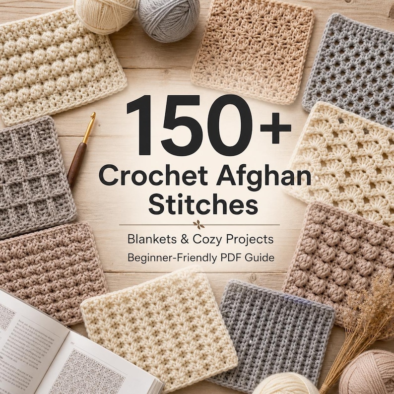 Puede incluir: Una variedad de muestras de puntadas afganas de ganchillo en varios colores neutros, dispuestas alrededor del texto "150+ Crochet Afghan Stitches". La imagen incluye ovillos de lana, un ganchillo y un libro, con el texto "Blankets & Cozy Projects" y "Beginner-Friendly PDF Guide."