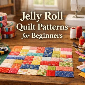 Könnte beinhalten: Ein Holztisch zeigt Quilting-Zubehör, darunter bunte Stoffrollen, einen Patchwork-Quilt und Nähwerkzeuge. Das Bild enthält den Text "Jelly Roll Quilt Patterns for Beginners."