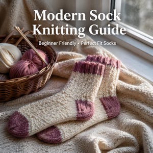 May include: A pair of hand-knitted socks with cream-colored yarn and mauve accents. The socks are displayed on a soft, textured blanket. The image also includes a basket with yarn and knitting needles, and the text "Modern Sock Knitting Guide".