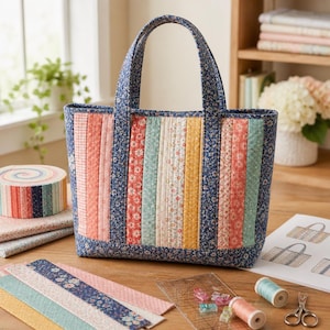 Puede incluir: Un bolso tote acolchado con rayas verticales en varios colores, incluyendo rosa, amarillo y azul, con un estampado floral en las asas y bordes. El bolso está sobre una superficie de madera con suministros de costura y retales de tela.