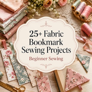 Peut inclure: Une collection de marque-pages en tissu avec des motifs floraux dans des tons rose, vert et crème, accompagnés de fournitures de couture, bobines de fil, piles de tissus et ciseaux, avec le texte 25+ Fabric Bookmark Sewing Projects.