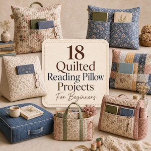 Op de afbeelding: Een collectie gewatteerde leeskussens en tassen met bloemen- en effen patronen, met een centraal vierkant bord met de tekst 18 Quilted Reading Pillow Projects For Beginners. De items bevatten diverse vakken met boeken en brillen.