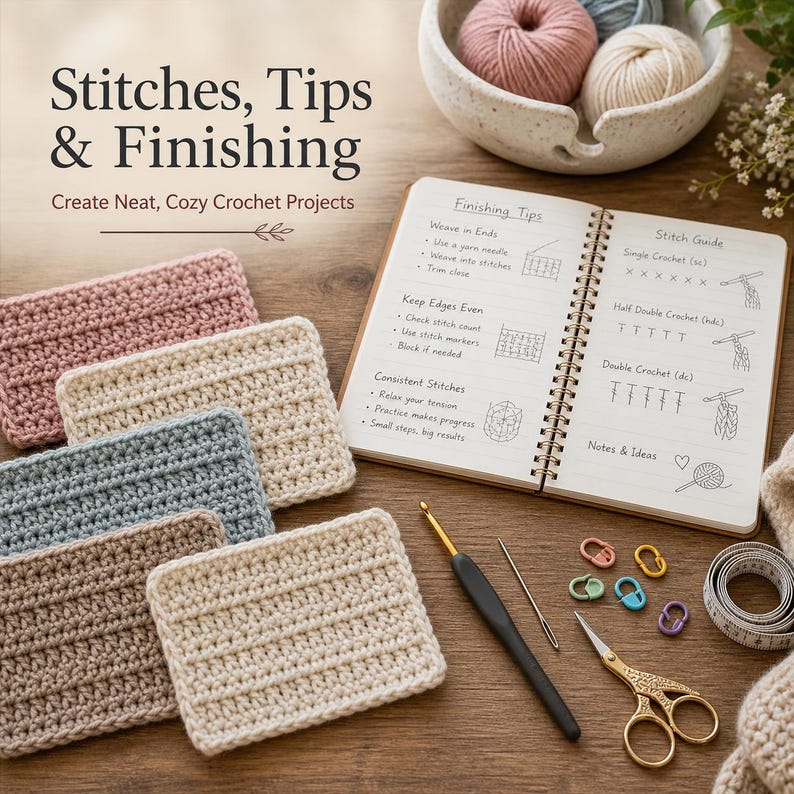 Puede incluir: Una colecci&oacute;n de suministros para crochet, que incluye hilo, ganchos de crochet, marcadores de puntada y un cuaderno con consejos de crochet. La imagen presenta varias muestras de crochet en varios colores, con el texto "Stitches, Tips & Finishing".