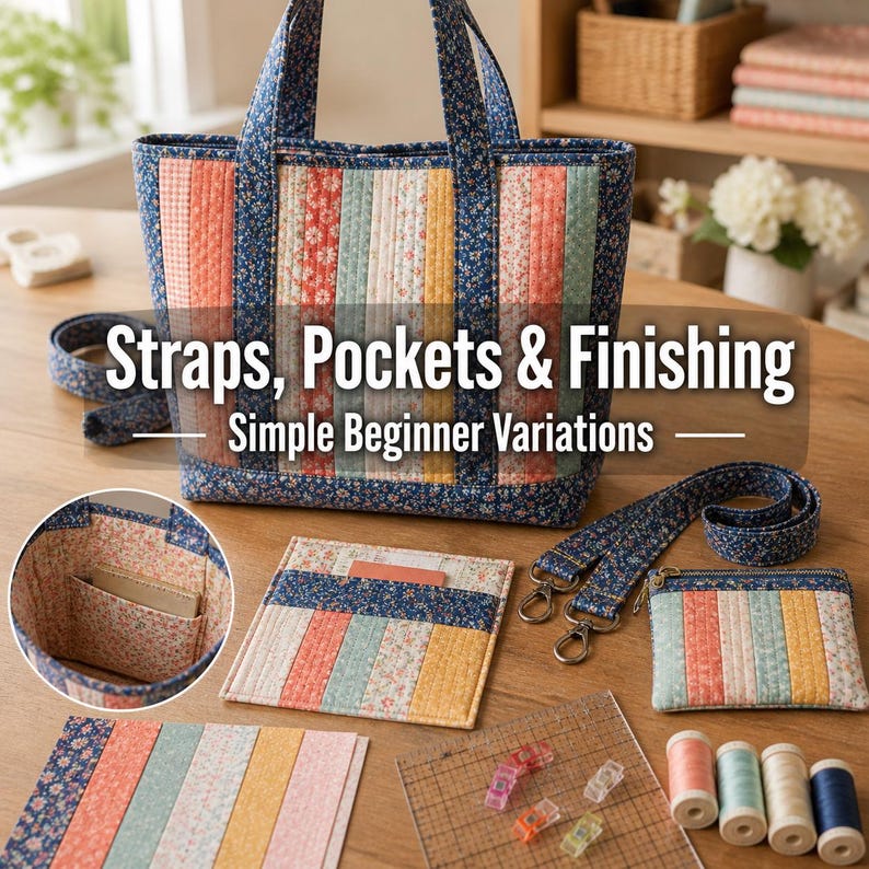 May include: A quilted tote bag with matching accessories, including a wallet and strap, is displayed on a wooden surface. The bag and accessories feature a patchwork design with floral and striped patterns in various colors. The text "Straps, Pockets & Finishing" is visible.