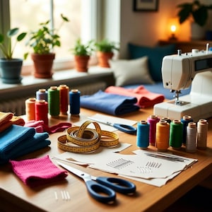 May include: A sewing table with a white sewing machine, spools of colorful thread, fabric, scissors, a measuring tape, and pins. The scene is illuminated by natural light from a window, suggesting a craft room or workshop setting.
