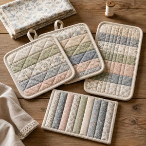 May include: A collection of quilted fabric potholders and a folded cloth featuring a muted floral pattern in shades of sage green, dusty blue, cream, and soft pink. The items are rectangular and square with stitched grid or vertical line textures.