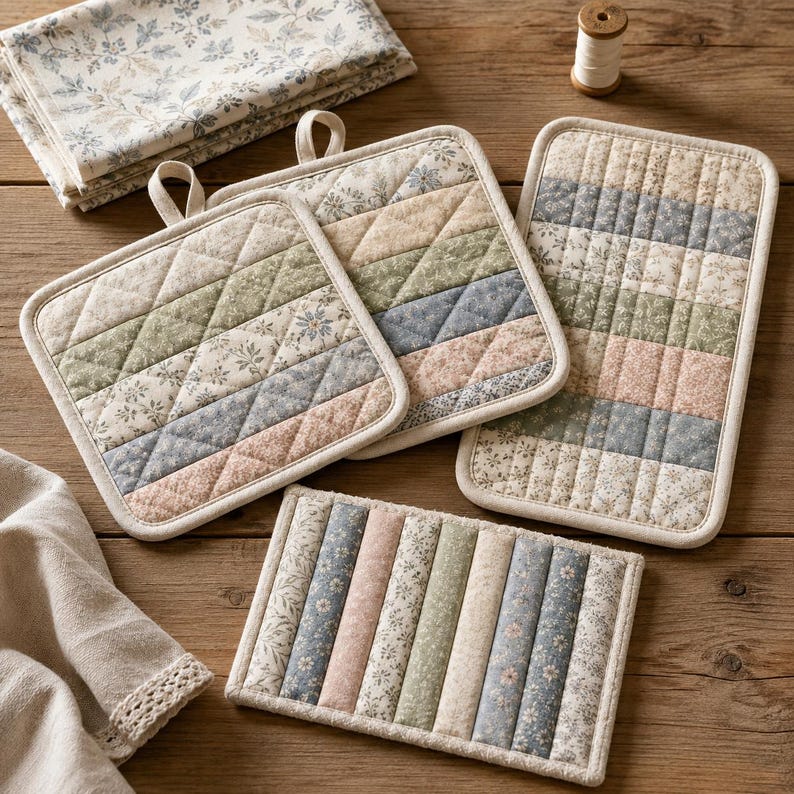 May include: A collection of quilted fabric potholders and a folded cloth featuring a muted floral pattern in shades of sage green, dusty blue, cream, and soft pink. The items are rectangular and square with stitched grid or vertical line textures.