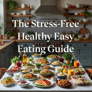Peut inclure: Une table garnie d'une variété d'options alimentaires saines, notamment des salades, des céréales et du saumon. L'image présente le texte "The Stress-Free Healthy Easy Eating Guide" dans un cadre de cuisine, promouvant une alimentation saine.