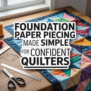 Pode incluir: Uma colcha colorida com padrões geométricos, ferramentas de costura e carretéis de linha dispostos sobre uma superfície de madeira. O texto diz: "FOUNDATION PAPER PIECING MADE SIMPLE FOR CONFIDENT QUILTERS".
