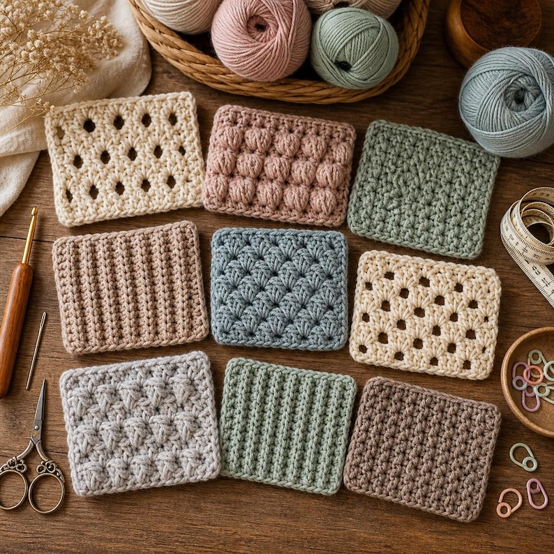 Puede incluir: Una colecci&oacute;n de nueve cuadrados de ganchillo en varios patrones de puntada y colores, incluyendo beige, rosa, verde y azul. Los cuadrados est&aacute;n dispuestos sobre una superficie de madera con ovillos de lana, un ganchillo, tijeras y una cinta m&eacute;trica.
