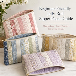 Puede incluir: Cuatro estuches de tela acolchada con cremallera, con tiras verticales de patrones florales, de cuadros y lisos en rosa, azul, amarillo y morado. El texto dice Beginner-Friendly Jelly Roll Zipper Pouch Guide, Makeup Bags, Travel Pouches, Fabric Strip Projects.