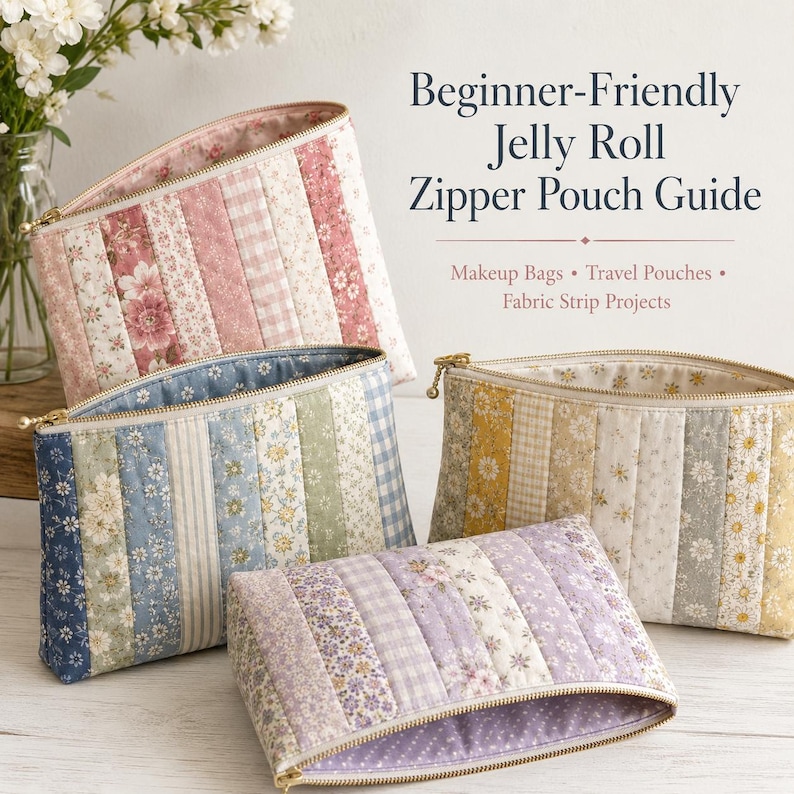 Puede incluir: Cuatro estuches de tela acolchada con cremallera, con tiras verticales de patrones florales, de cuadros y lisos en rosa, azul, amarillo y morado. El texto dice Beginner-Friendly Jelly Roll Zipper Pouch Guide, Makeup Bags, Travel Pouches, Fabric Strip Projects.