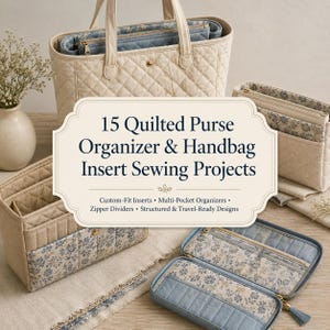 May include: A collection of quilted purse organizers and handbag inserts in beige and blue floral fabric. The image features a central text overlay reading 15 Quilted Purse Organizer & Handbag Insert Sewing Projects with sub-text details.