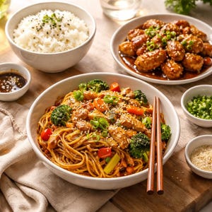 May include: A colourful image of an Asian-inspired meal. A large bowl of noodles with chicken and vegetables is in the foreground, with bowls of rice, sauce, and other dishes in the background. Chopsticks rest beside the noodles.