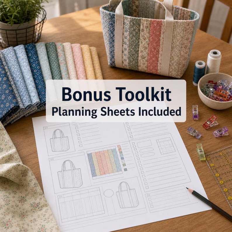 May include: A patchwork tote bag with a striped design in pastel colors sits next to fabric bundles and sewing supplies. The image includes a planning sheet with the text "Bonus Toolkit Planning Sheets Included".