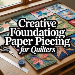 May include: A selection of colourful, handcrafted fabric squares with floral designs, displayed on a wooden surface. The image includes sewing tools such as scissors, spools of thread, and a ruler. Text on the image reads "Creative Foundation Paper Piecing for Quilters."