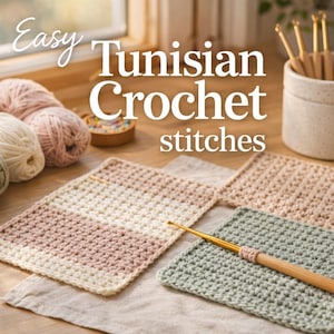Puede incluir: Imagen que presenta proyectos de ganchillo tunecino con hilo y ganchos. Se muestra el texto "Easy Tunisian Crochet stitches". Se muestran cuadrados de ganchillo en crema, rosa y verde, junto con ovillos de lana y ganchos.